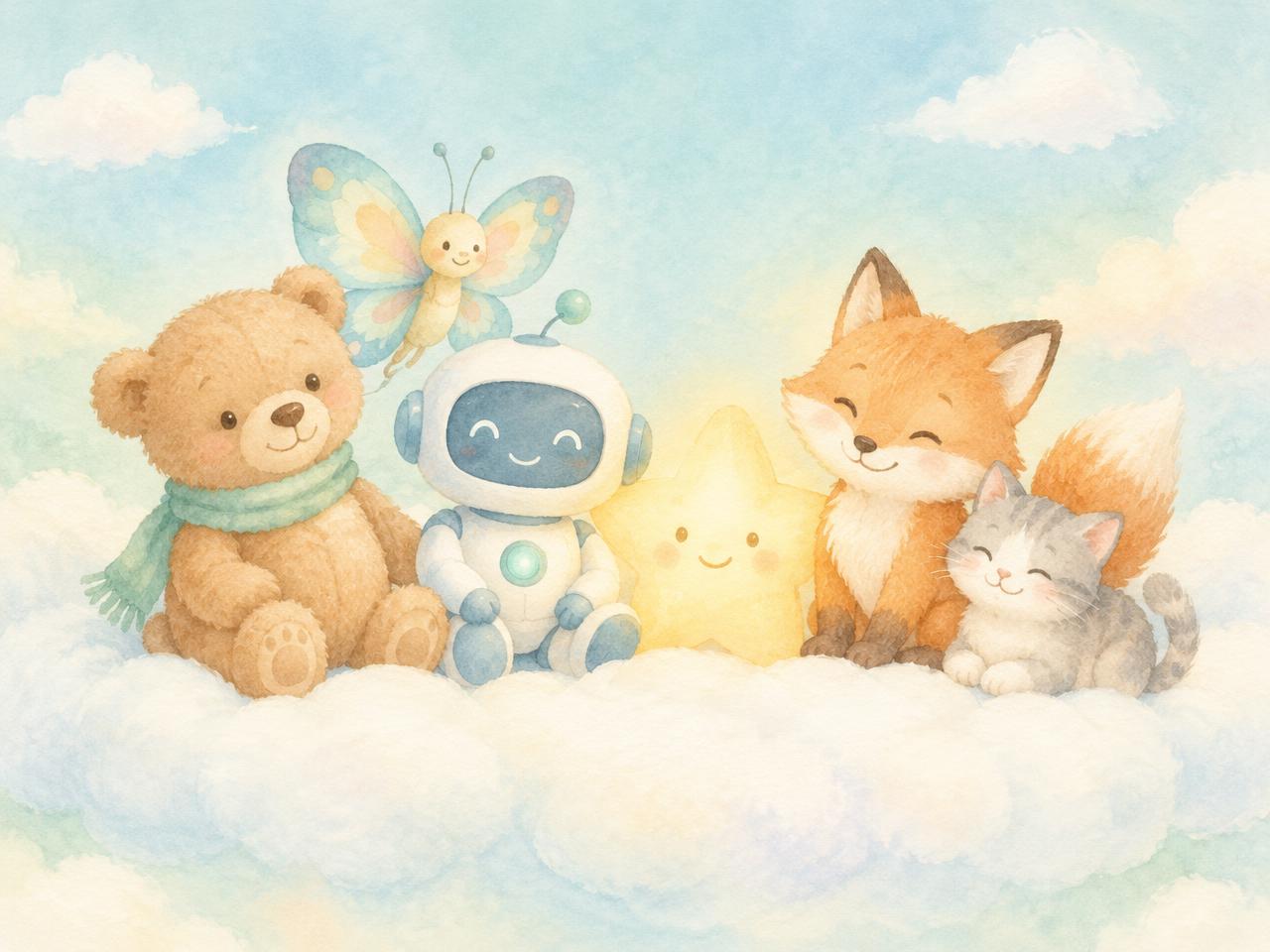 Six gentle companions — teddy bear, butterfly, robot, star, fox and cat — resting on a cloud